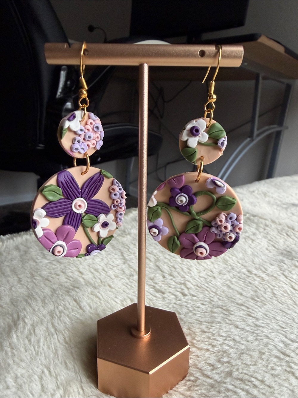 Handcrafted Purple Floral Drop Earrings with Green Accents